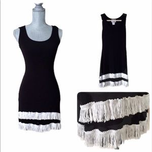 Vintage black dress, white fringe tassels, S